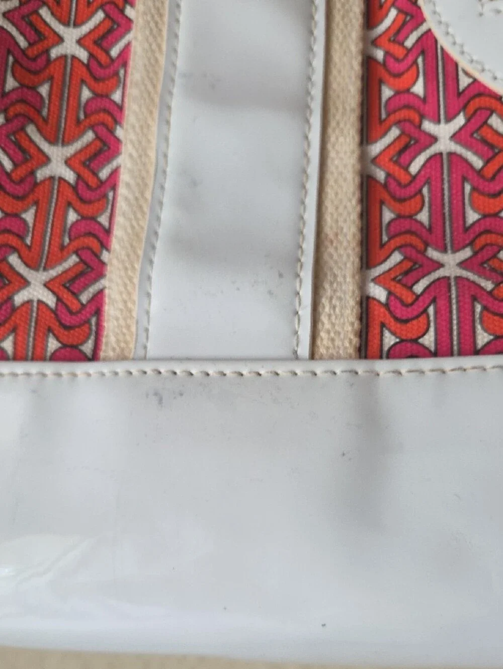 Tory Burch Coral Patterned Canvas Tote with White Trim